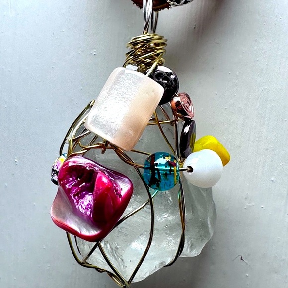 Handmade beach glass pendant embellished wire wrapped and beaded on leather cord - Picture 1 of 16